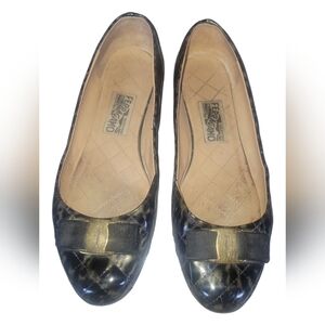 Salvatore Ferragamo Vintage Black/Green Quilted Patent Leather Vara Bow Flats 10